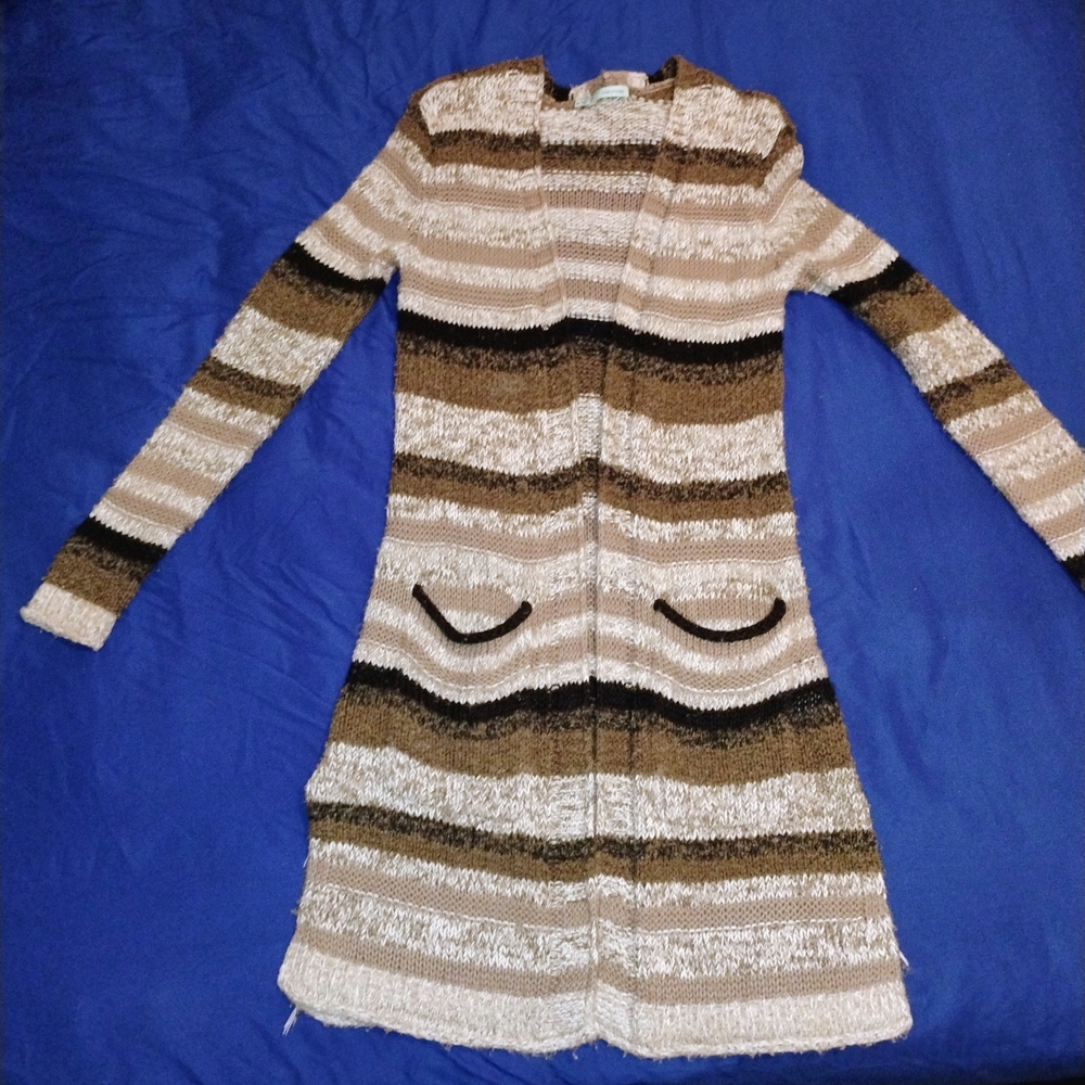 Maurices Neutral Striped Knit Cardigan with Navy Accents
